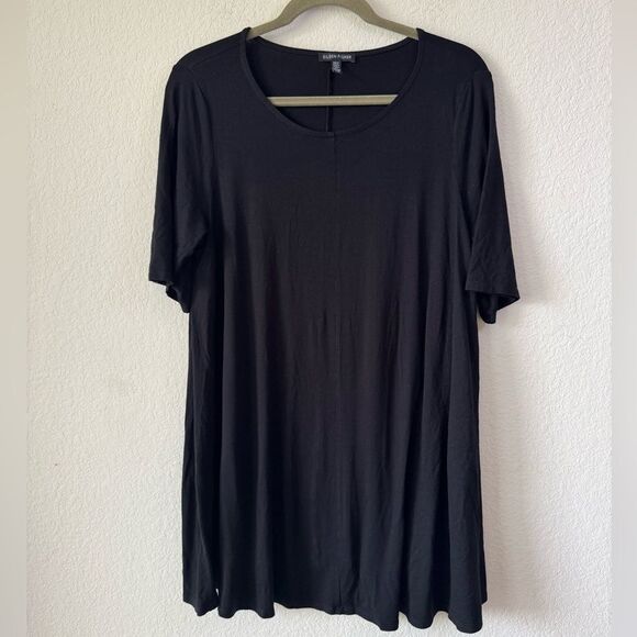 Eileen Fisher Black Stretchy Knit Tunic Top L Viscose Blend Scoop Neck Lagenlook - Picture 1 of 6